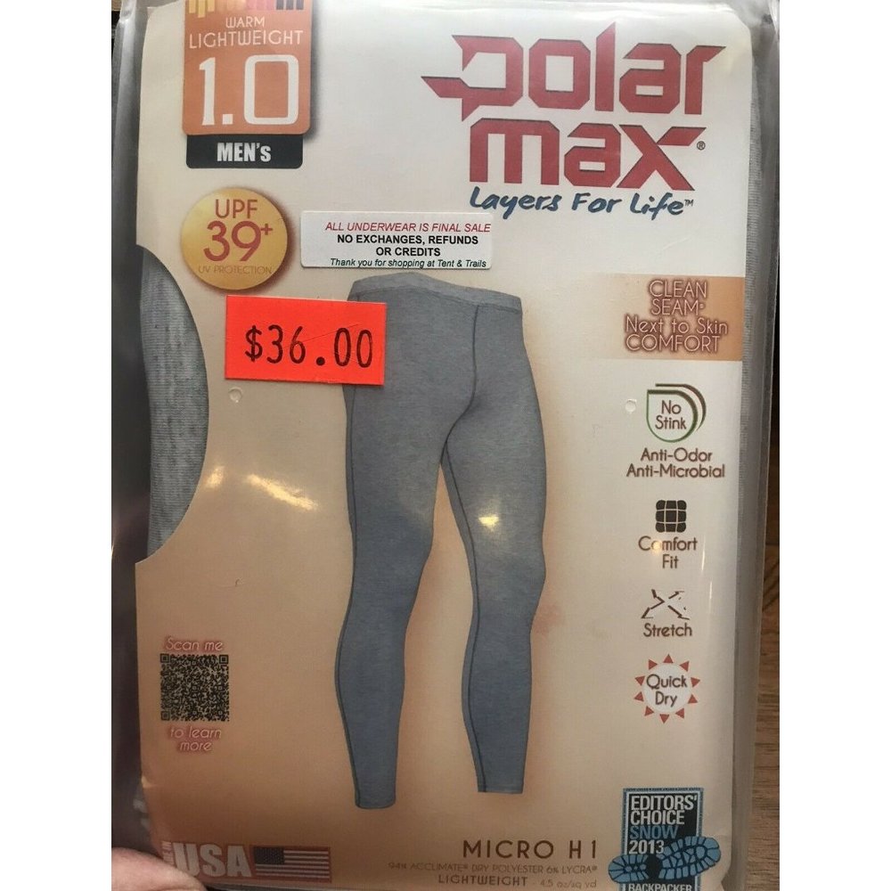 $36 NEW Mens Polarmax Gray Lightweight 1.0 pants